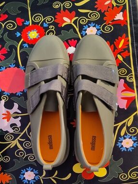 Melissa Olive Green Rubber Sneakers with Velcro Straps and Orange Insole Size 10